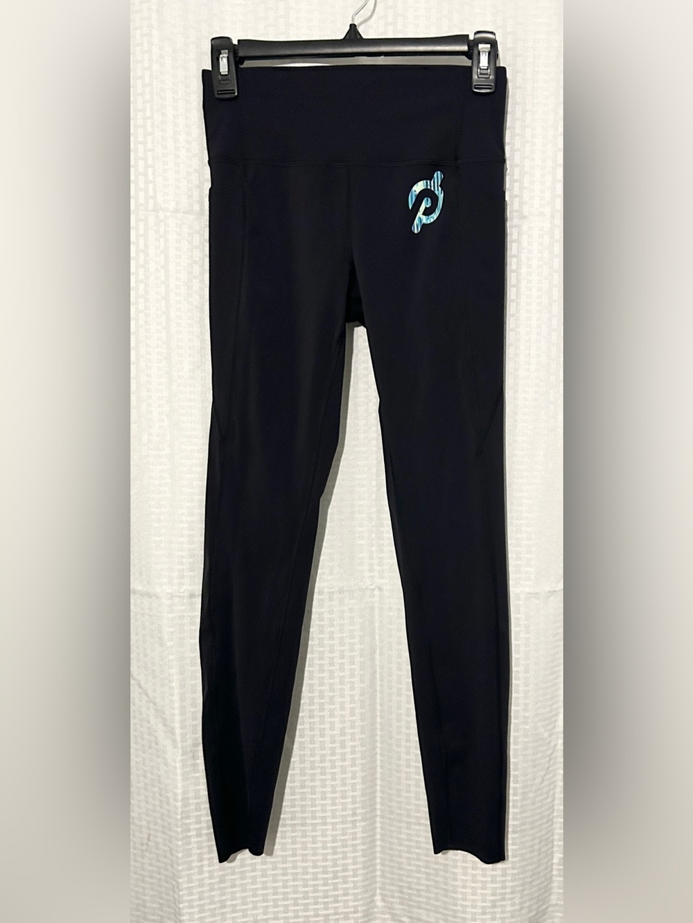 Peloton Activewear High Rise Pocket Leggings Black Iridescent Teal Logo Size S